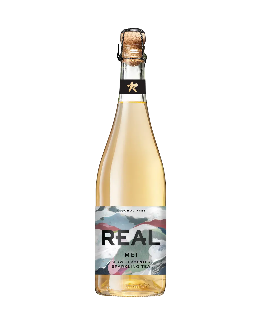 A bottle of REAL MEI Slow Fermented Sparkling Tea, featuring a clear glass bottle filled with pale golden tea, a cork stopper, and a colorful label with a mountain design.