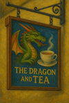 Oil painting style traditional wooden pub sign reading THE BLUSHING SUN, featuring a smiling sun with rosy cheeks and golden rays against a blue sky background