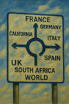 Oil painting style UK roundabout road sign with arrows pointing to France, Germany, Italy, Spain, California, South Africa, UK, and World against a textured sky background