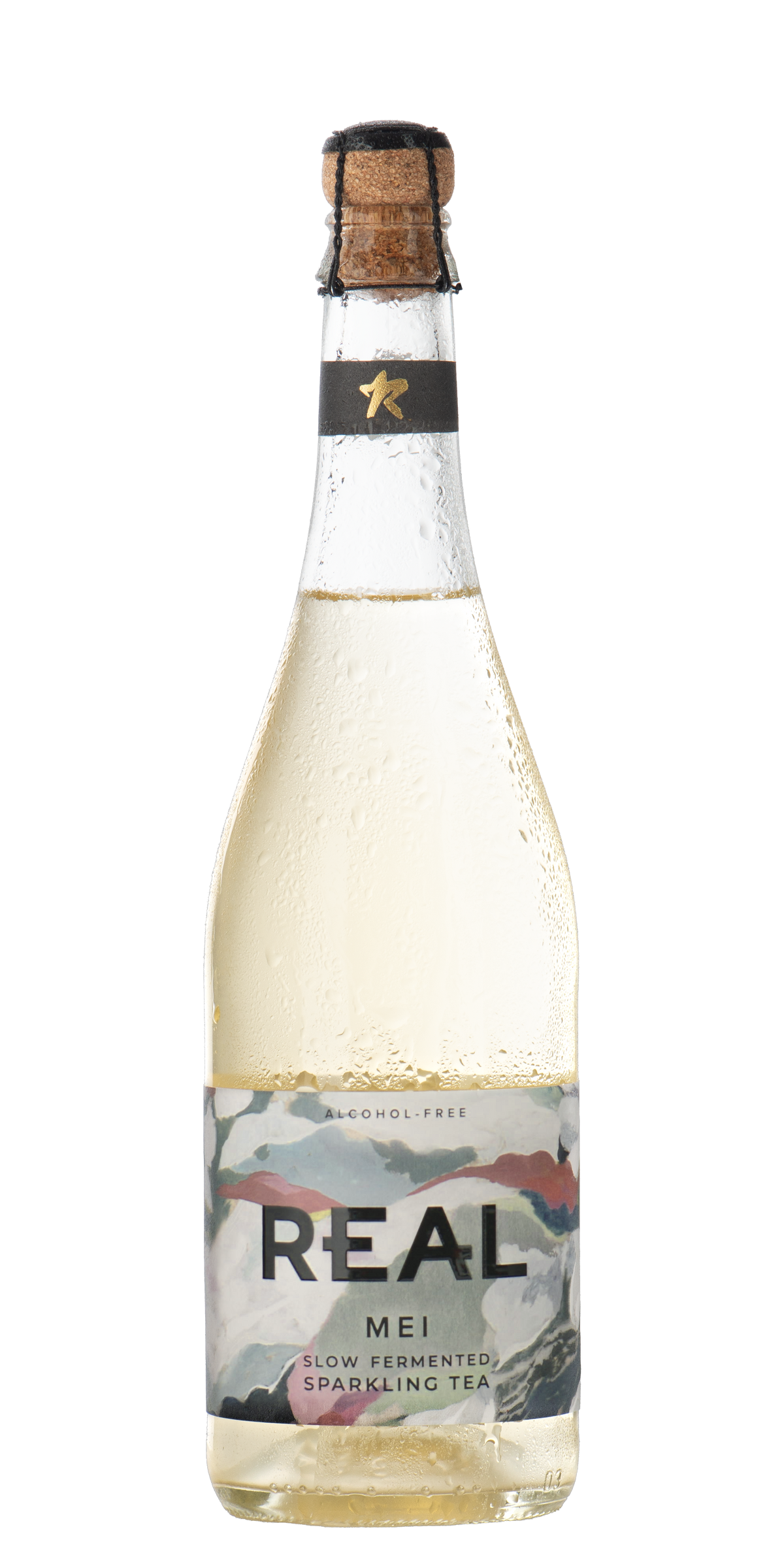 A bottle of REAL Mei sparkling tea with a transparent background.
