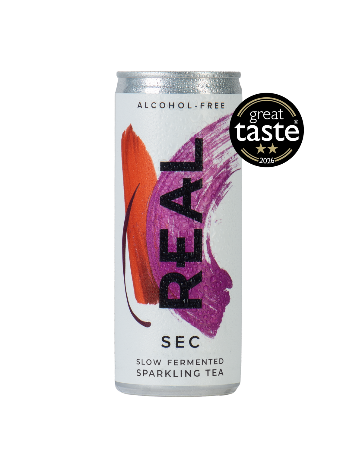 A silver aluminum can of REAL SEC Slow Fermented Sparkling Tea, featuring a white label with a vibrant purple and orange brushstroke design and black text. A black circular 'great taste 2026' award badge is positioned to the right of the can against a solid white background.